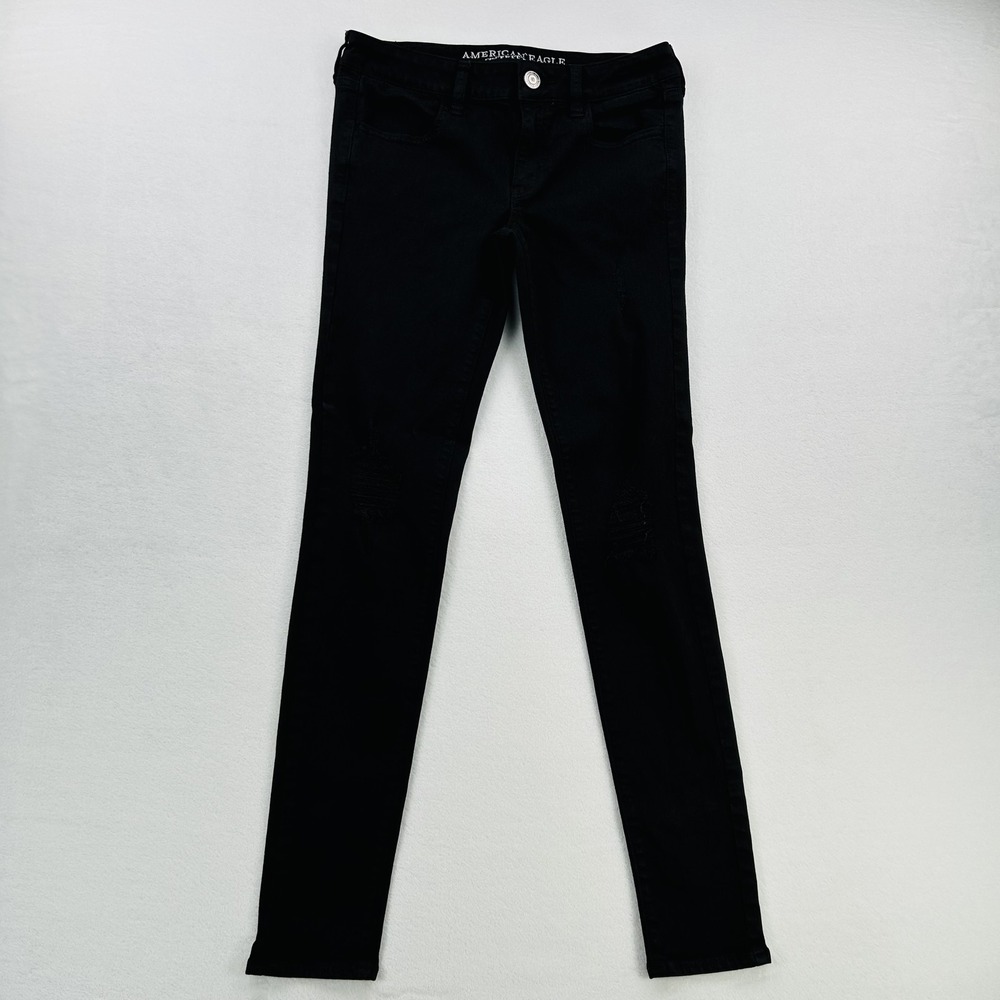 American Eagle Jegging Womens 4 Long Black Super Stretch Distressed Skinny Jeans